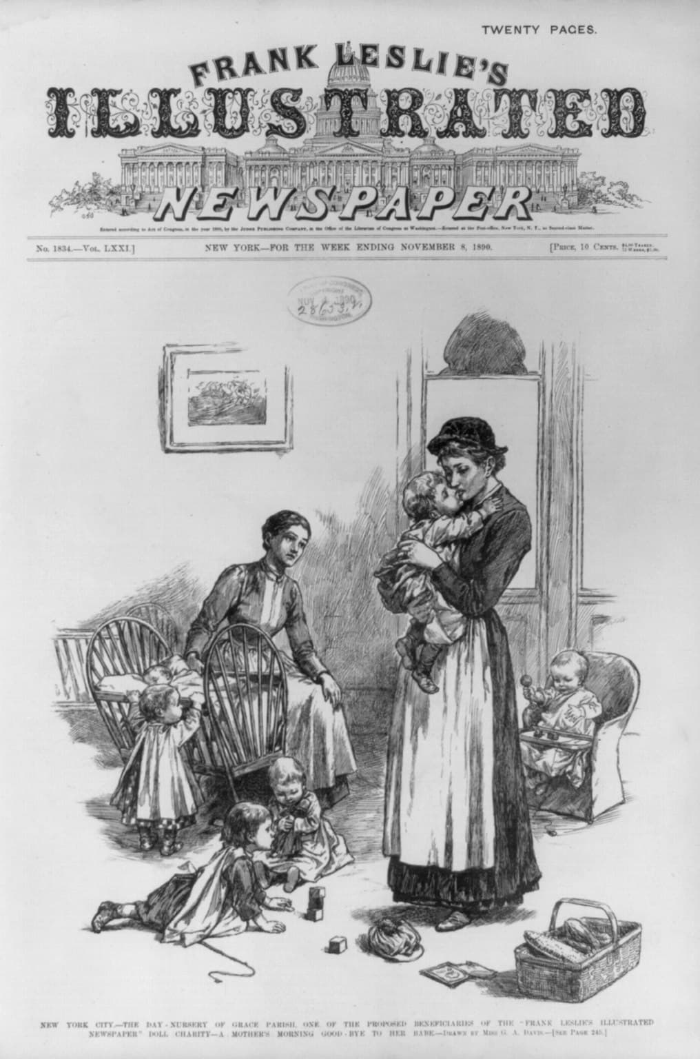 Grabado de 1890: en la guardería de Grace Parish, Nueva York, una cuidadora abraza a un bebé mientras otros niños juegan con bloques